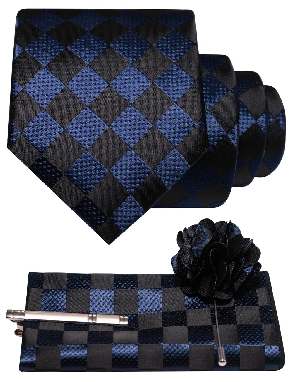6730 Navy Plaid Tie and Lapel Pin Necktie Pocket Square with Tie Clip Sets